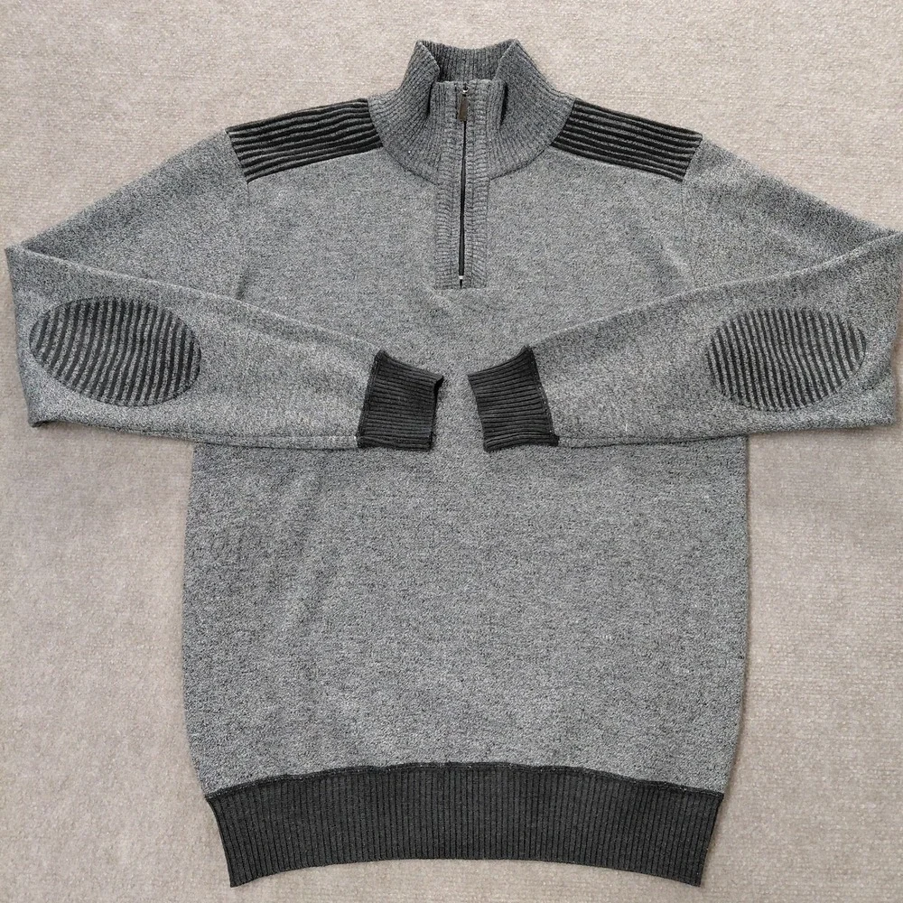 The North Pole 1/4 Zip Sweater Mens MEDIUM Gray Black Elbow Patches Lightweight